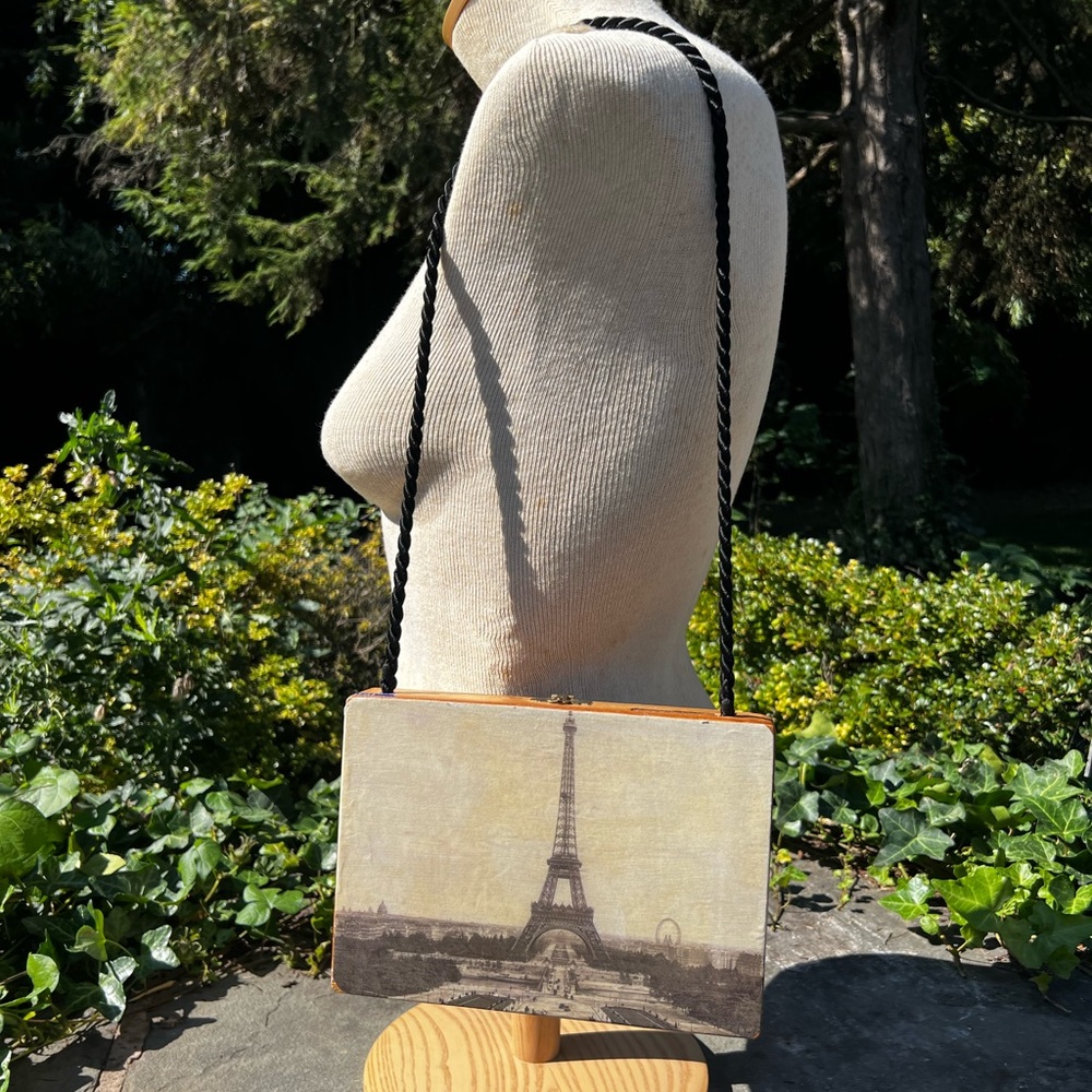 Eiffel Tower Wood Cigar Box Remade to Purse w/ Mirror Great Cond Vintage Look
